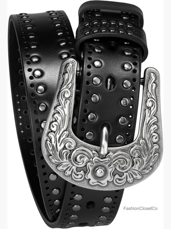 Vintage Silver Buckle Studded Leather Belt 35mm Western main image 6